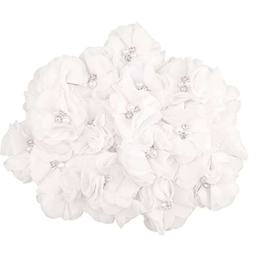 30 PCS Rhinestone Pearl White Chiffon Flower Sewing Fabric Appliques for Clothing, Headbands Flower, Crafts, Party Decoration, Sewing Applique