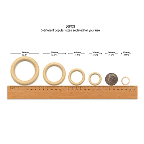 60 Pcs Unfinished Wood Rings for Macrame,5 Different Sizes Wooden Rings for Crafts,70mm/55mm/40mm/30mm/20mm,Natural Solid Wood Ring for Ornaments Crafts, Curtain Rings and Toys,Jewelry DIY Making