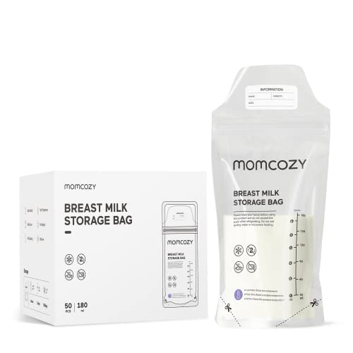 Momcozy Breastmilk Storing Bags, Temp-Sensing Discoloration Milk Storing Bags for Breastfeeding, Disposable Milk Storage Bag with 180ml Self Standing, No-Leak Milk Freezer Storage Pouches, 50pcs