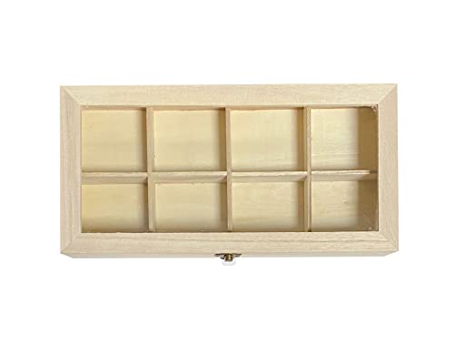 Cregugua 2 Pack Unfinished Wooden Box with Glass Lid, Wood Jewelry Storage Tray Box ,8 Compartment Organizer 12.6 x 6.3 x 2.4 In