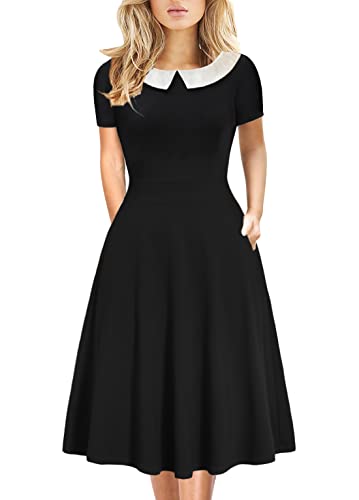 Halloween Dresses for Women Vintage Peter Pan Collar Elegant Cotton Fit and Flare A-Line Casual Party Plus Size Dress with Pockets 978 (Black White, XXL)