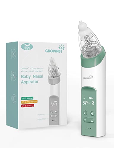 GROWNSY Nasal Aspirator for Baby, Electric Nose Aspirator for Toddler, Baby Nose Sucker, Automatic Nose Cleaner with 3 Silicone Tips, Adjustable Suctions, Music and Light Soothing Function (Green)