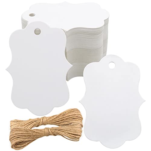 100Pcs White Paper Blank Gift Tags,Double-Sided Blank Favor Tags with Twine,Personalized Price Waved Craft Hang Tags for Gift Wrapping,Wedding,Birthday,Party,Merchandise and DIY Project(2.75" x 1.97")