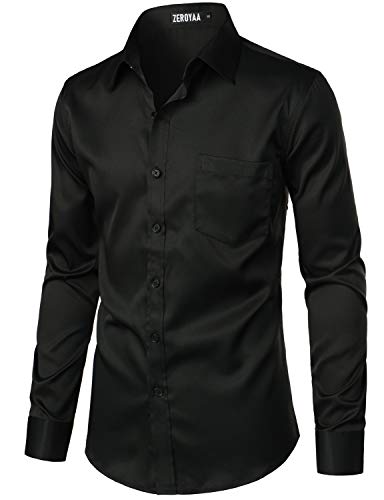 ZEROYAA Men's Urban Stylish Casual Business Slim Fit Long Sleeve Button Up Dress Shirt with Pocket ZLCL29 Black X-Large