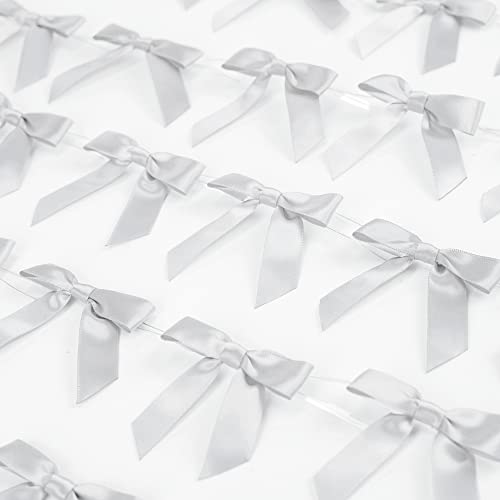 AIMUDI Silver Satin Ribbon Twist Tie Bows 2.5" Pretied Bows Premade Craft Bows for Treat Bags Cake Pop Gift Wrapping Basket Wedding Favors Cookie Candy Bagging Baby Shower - 50 Counts