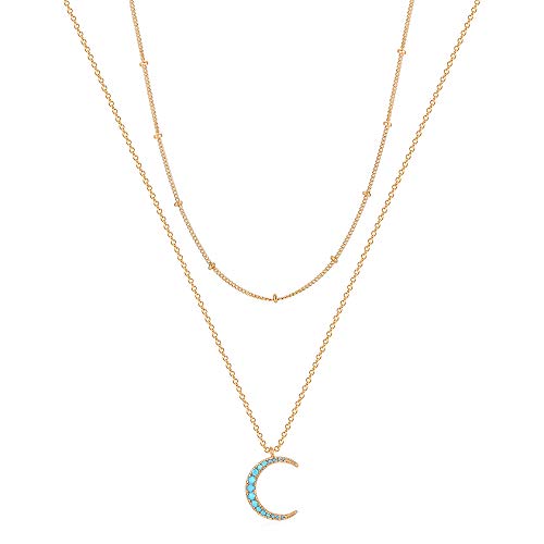 Mevecco Gold Dainty Layered Crescent Necklace Half Moon Necklace 18K Gold Plated Delicate Moon Phase Necklace Tiny Turquoise Necklace Beaded Layered Necklace for Teen Girls