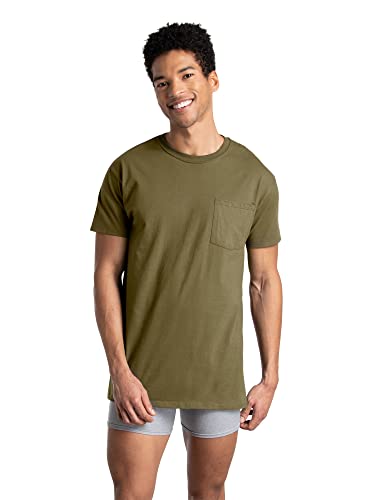 Fruit of the Loom Men's Eversoft Cotton Short Sleeve Pocket T Shirts & Undershirts, Breathable & Tag Free, Undershirt-6 Pack-Assorted Earth Tones, Small