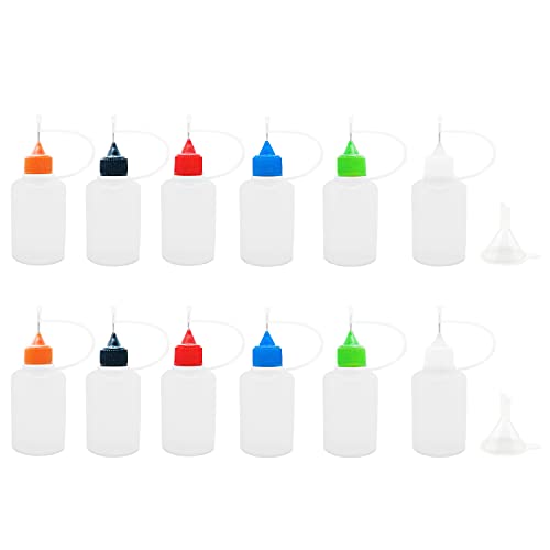 12 Pcs Precision Tip Applicator Bottles, MYYZMY 1 Ounce Translucent Glue Bottles, with 2 Mini Funnel, Multicolor Lids