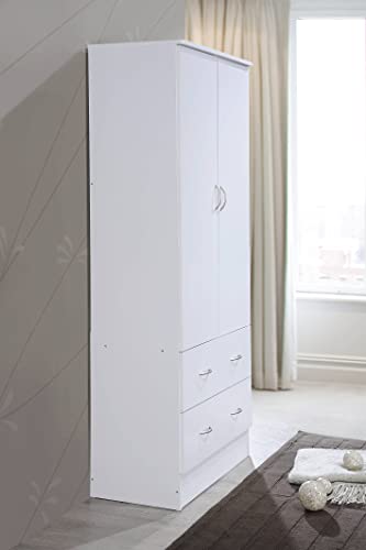HODEDAH 2 Door Wood Wardrobe Bedroom Closet with Clothing Rod inside Cabinet and 2 Drawers for Storage, White