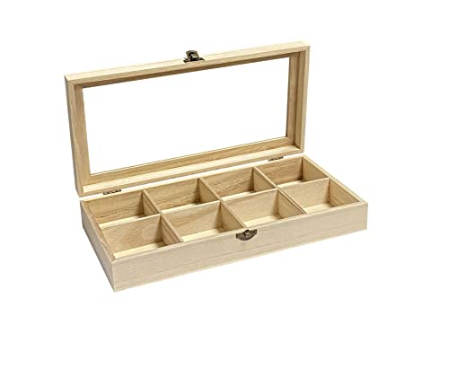 Cregugua 2 Pack Unfinished Wooden Box with Glass Lid, Wood Jewelry Storage Tray Box ,8 Compartment Organizer 12.6 x 6.3 x 2.4 In