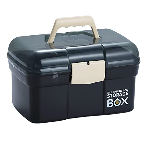 Kinsorcai 11'' Plastic Box Organizer with Removable Tray, Sewing Box Organizer, Craft & Art Supply Storage Box, Multipurpose Storage Organizer Box for Cosmetic (Black)