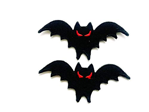 TH Set of 2 Tiny. Mini Black Evil Bat Vampire Halloween Cute Cartoon Logo Patches Sew Iron on Embroidered Applique Badge Sign Patch Clothing Costume