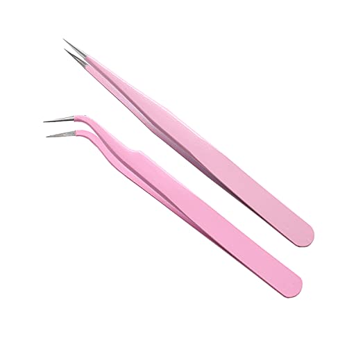MAXLEAF 2PCS Stainless Tweezers Straight Curved Tweezers for Stickers Eyelash Extensions Precision Electronics Nail Rhinestone Jewelry, Scrapbooking Tools (Pink)