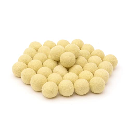 Glaciart One Felt Wool Balls, Felt Pom Poms (40 Pieces) 2 Centimeters - 0.8 Inch, Handmade Felted Pure Wax Yellow Color - Bulk Small Puff for Felting and Garland