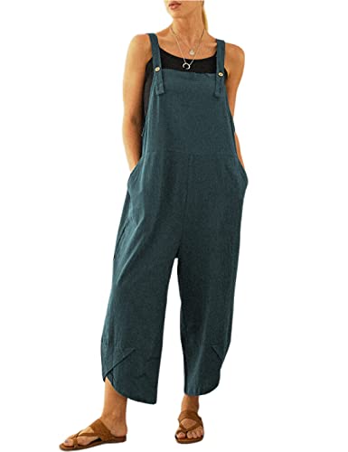 Uaneo Womens Cotton Adjustable Casual Summer Bib Overalls Jumpsuits with Pockets (Blue, XX-Large)