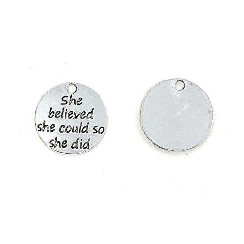 JIALEEY 30pcs Alloy She believed she could so she did DIY Message Charms Pendant for Crafting Bracelet Necklace Jewelry Making Accessory, Antique Silver Round