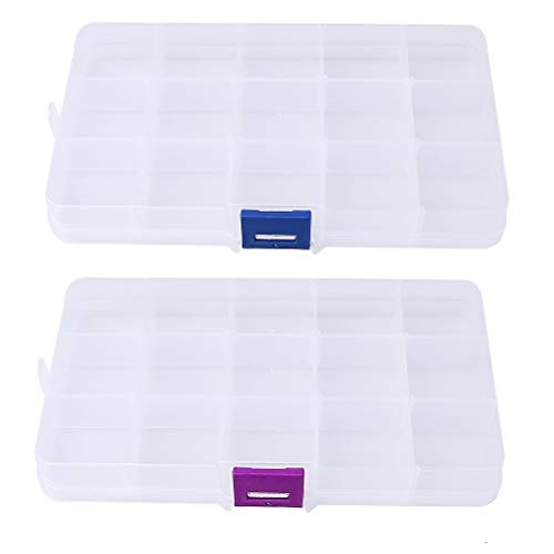 SUMAJU 2 Pack 15 Grids Organizer Box, Plastic Jewelry Organizers with Adjustable Dividers Clear Storage Container for Beads Crafts Fishing Tackles