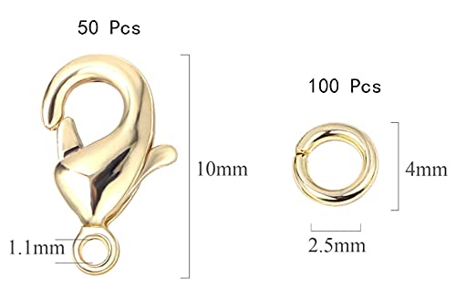150 PCS Bulk 14K Gold Plated Lobster Claw Clasps and Jump Rings Set for Jewelry Making 10mm