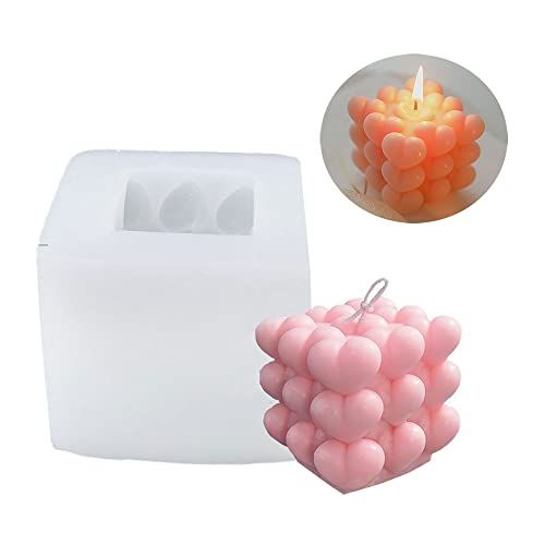 Ovatt 3D Heart-Shaped Cube Candle Mold, Food Grade Silicone Bubble Candle Mold for Crafts, DIY Soaps, Candles and Cake Decoration