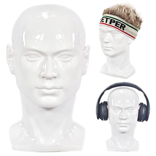 Male PVC Mannequin Head Professional Display Head Stand Model Men Manikin Head for Display Headset Headphone Game Hats Wigs Jewellery Tie and Scarves(Bright White)