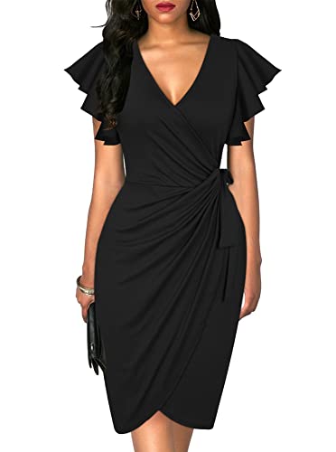 oten Women V Neck Ruched Wrap Dress Knee Length Work Business Sheath Party Dresses with Ruffle Sleeves Black Small
