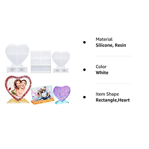 3 Pieces Resin Photo Frame Molds Heart Rectangle Shape Silicone Picture Mold for Casting, DIY Personalized Epoxy Photo Frame Mold for Crafts Table Home Decor