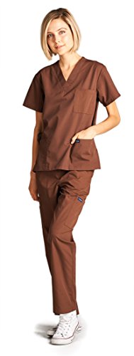 Dagacci Medical Uniform Woman and Man Scrub Set Unisex Medical Scrub Top and Pant, Brown, S