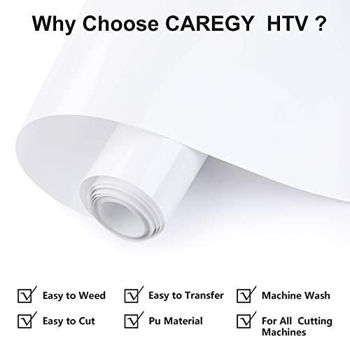 HTV Iron on Vinyl 12 inch x15 Feet Roll by CAREGY Easy to Cut & Weed Iron on Heat Transfer Vinyl DIY Heat Press Design for T-Shirts Glossy White