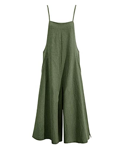 YESNO Women Casual Loose Long Bib Pants Wide Leg Jumpsuits Baggy Cotton Rompers Overalls with Pockets (3XL PZZTYP2 Dark Army Green)