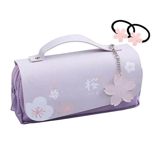 JELLYEA Kawaii Cherry Blossom Pencil Bag Pink Sweet Pencil Case Large Capacity Stationery Pouch School Supplies Makeup Bag (Purple)