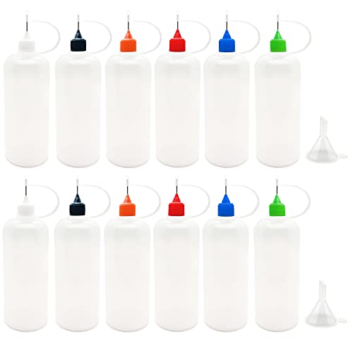 12 Pcs Precision Tip Applicator Bottles, MYYZMY 120ml /4 Ounce Needle Tip Bottle, with 2 Funnel, Multicolor Lids