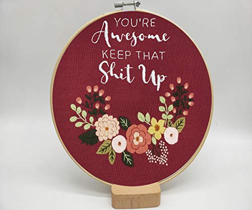You're Awesome Keep That Up - Embroidery Kit for Beginners, Cooliya Embroidery Starter Kit Craft Kit Cross Stitch Kit - Birthday Gift for Women, Best Friend, Daughter, Mom, Coworker (Brown)