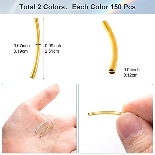 PAGOW 300Pcs Tube Beads, 25mm Curved Noodle Beads, Gold Silver Spacer Beads for Jewelry Making DIY Necklace Bracelet Findings