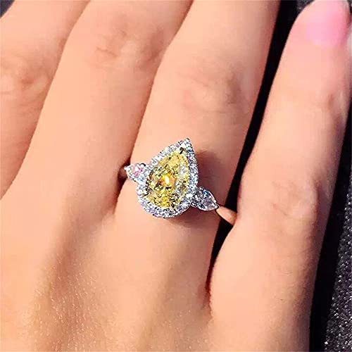 925 Sterling Silver Full Diamond Ring Shiny Citrine Ring Tear Drop 3Ct Zirconia Promise Halo Rings CZ Yellow Gem Cocktail Rings Eternity Engagement Wedding Band Ring for Women TZ.118 (US Code 6)