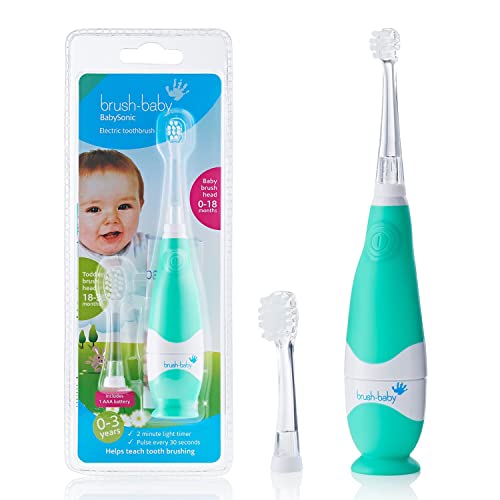 brush-baby BabySonic Infant and Toddler Electric Toothbrush for Ages 0-3 Years - Smart LED Timer and Gentle Vibration Provide a Fun Brushing Experience - Includes 2 Sensitive Brush Heads (Teal)
