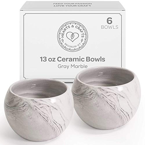 Hearts & Crafts Gray Marble Ceramic Bowls for Candle Making - Multi-Use Ceramic Pots for Arts & Crafts, Storage, Candies, Planter Pots, Gifts & More (13 oz, Set of 6)