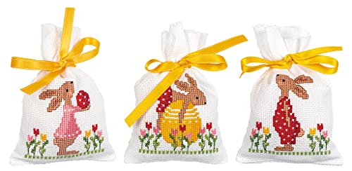 Vervaco Counted Cross Stitch Sachet Bags Kit 3.2"X4.8" 3/Pkg-Easter Rabbits In Tulip Garden (18 Ct) -V0196545