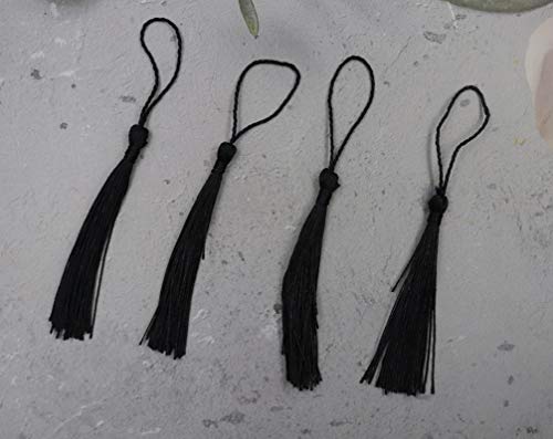 Sowaka 15 Pcs Silky Handmade Tassels Mini Soft Floss Bookmark Tassels with Loop for Souvenir DIY Craft Project Jewelry Making Chinese Knot Supplies Accessories Sewing Keychain (Black)