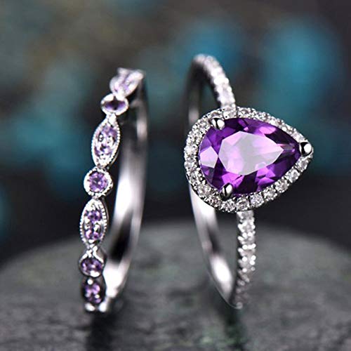 925 Sterling Silver Shining Amethyst Ring Tear Drop shape 3Ct Cubic Zirconia Promise Rings Set CZ Teardrop Halo Ring Eternity Engagement Wedding Band Ring Sets for women (US Code 8)