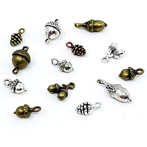 Pine Cone Acorn Charms Collection - JIALEEY Mixed Tibetan Style Alloy Pinecone Pendants Nature Nuts Charm for Jewelry Making Accessory 50pcs(100g)