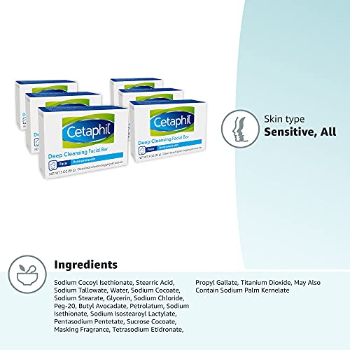 Cetaphil Bar Soap, Deep Cleansing Face and Body Bar, Pack of 6, For Dry to Normal, Sensitive Skin, Soap Free, Hypoallergenic, Paraben Free, Fragrance Free, Removes Makeup, Dirt and Oil