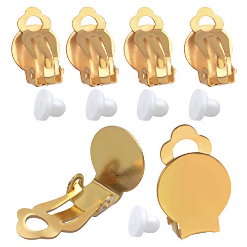 Aylifu Clip-on Earring Findings, 20pcs (10 Pairs) Round Flat Tray Earring Clips Blank Earring Setting Components with 20pcs Earring Pads for Non-Pierced Ears DIY Earring Making -Gold