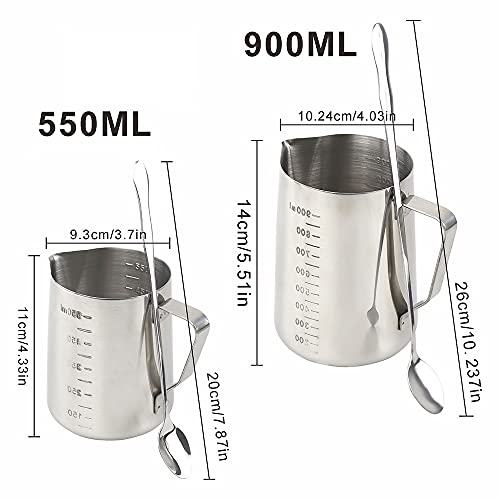 2Pack Candle Making Pouring Pot with 2 Long Spoons, Candle Wax Melting Pot Measuring Cups Stainless Steel Candle Making Wax Pouring Pot Pitcher, Dripless Pouring Spout(600ml, 900ml)