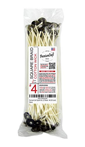 PremiumCraft Square Braid Cotton Candle Wick - #4, Tabbed, Waxed (50 Count)