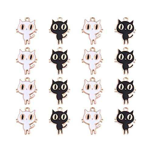 LiQunSweet 60Pcs 2 Colors White & Black Cat Alloy Enamel Small Charms Dangle Pendants for Halloween Bracelet Necklace DIY Jewelry Making - 19x14.5mm