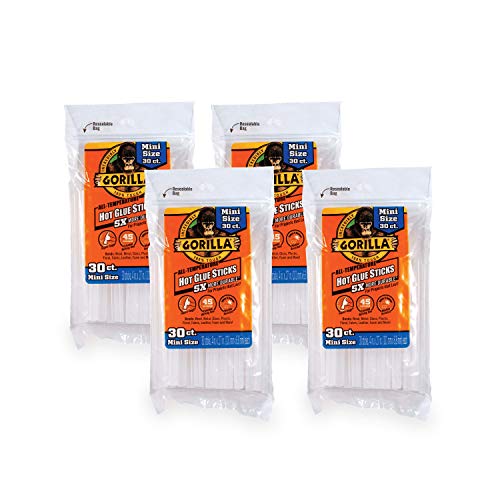 Gorilla Hot Glue Sticks, Mini Size, 4" Long x .27" Diameter, 30 Count, Clear, (Pack of 4)