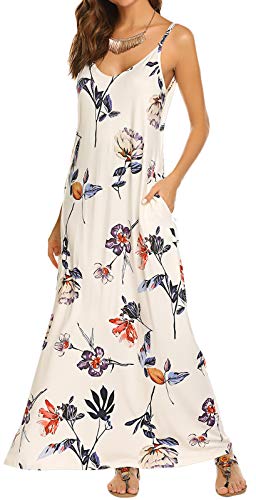 OURS Women's Summer Casual Floral Printed Bohemian Spaghetti Strap Floral Long Maxi Dress with Pockets (Small, A-White)