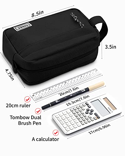 Sooez Big Capacity Pencil Pen Case, [Material Upgraded] Canvas Pencil Pouch Large Pencil Bag Organizer, Separate Compartments Easy Grip Handle, Aesthetic Supply for School Teens Adults, Black