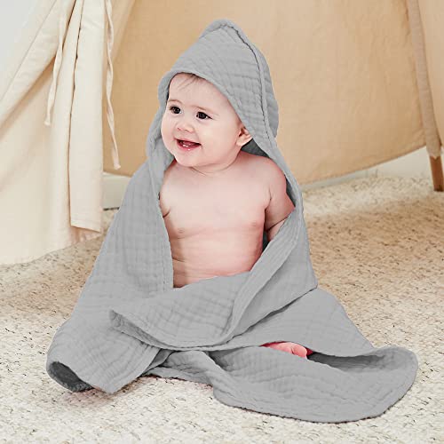 Yoofoss Hooded Baby Towels 100% Muslin Cotton 2 Pack Baby Bath Towel 32x32Inch, Extra Soft and Absorbent Hooded Towels for Baby, Infant and Toddler, Baby Bath Essential for Boys Girls (White & Grey)