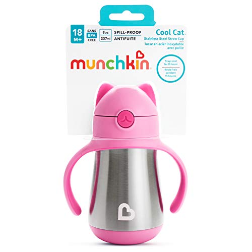 Munchkin Cool Cat Stainless Steel Straw Cup, 8 Ounce, Pink(Pack of 1)